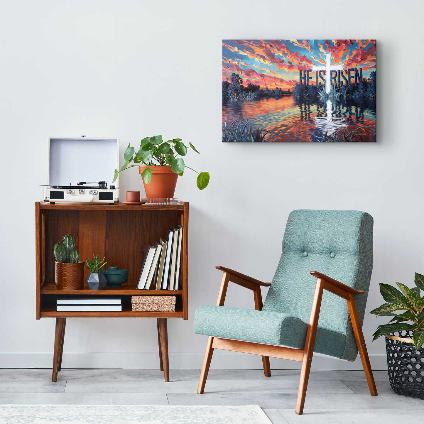 "He Is Risen" - Serene Lake Sunrise Scene with Cross Christian Gallery-Wrapped Canvas