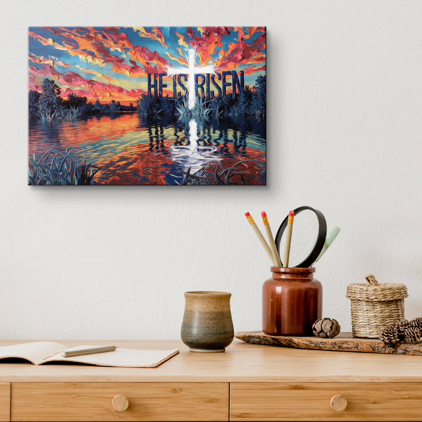 "He Is Risen" - Serene Lake Sunrise Scene with Cross Christian Gallery-Wrapped Canvas