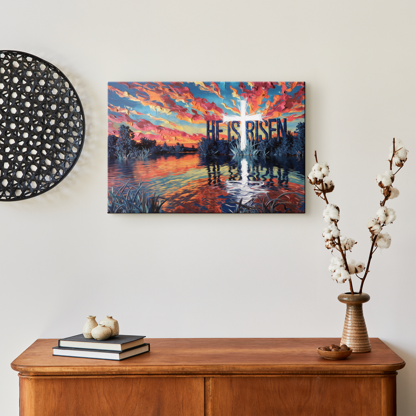 "He Is Risen" - Serene Lake Sunrise Scene with Cross Christian Gallery-Wrapped Canvas