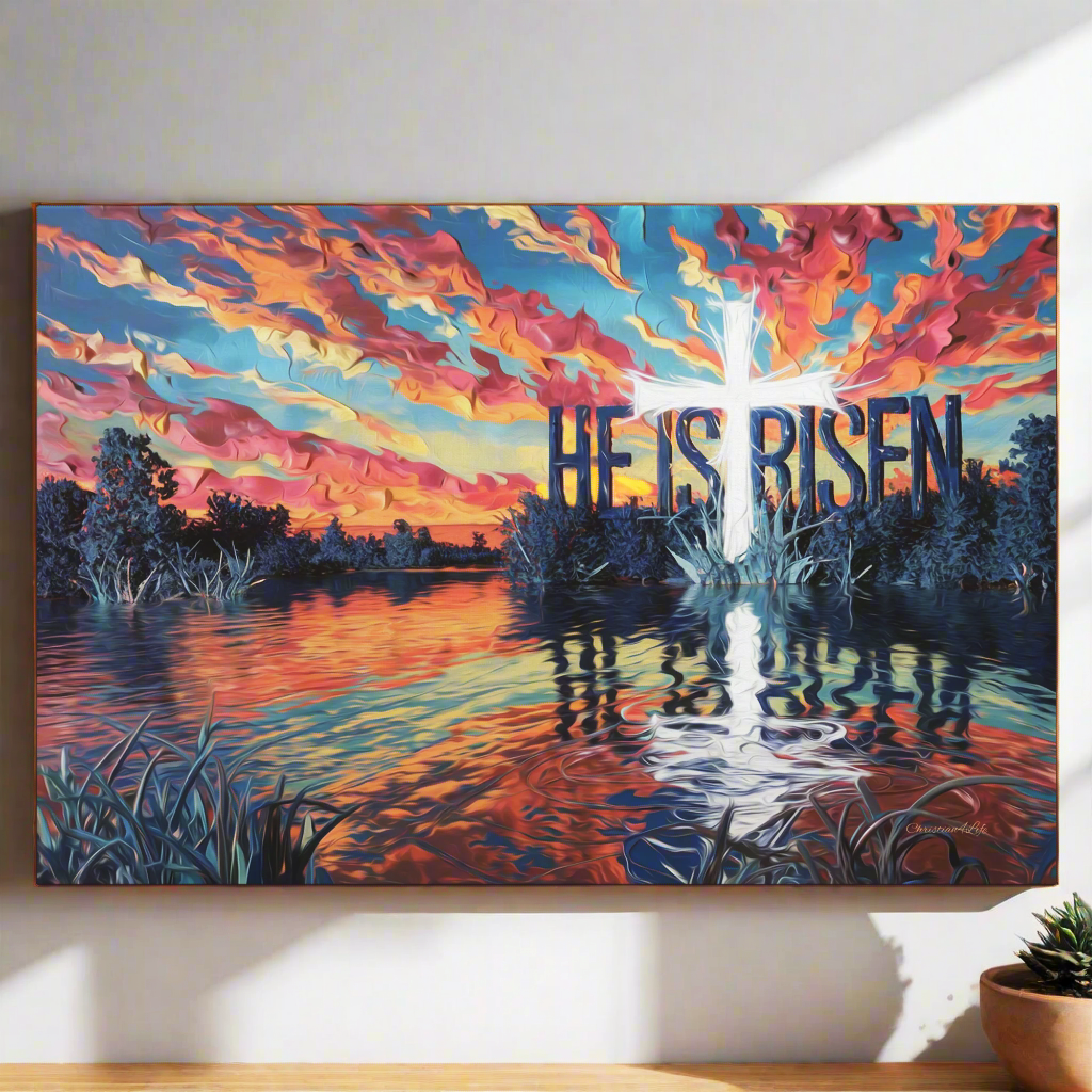 "He Is Risen" - Serene Lake Sunrise Scene with Cross Christian Gallery-Wrapped Canvas