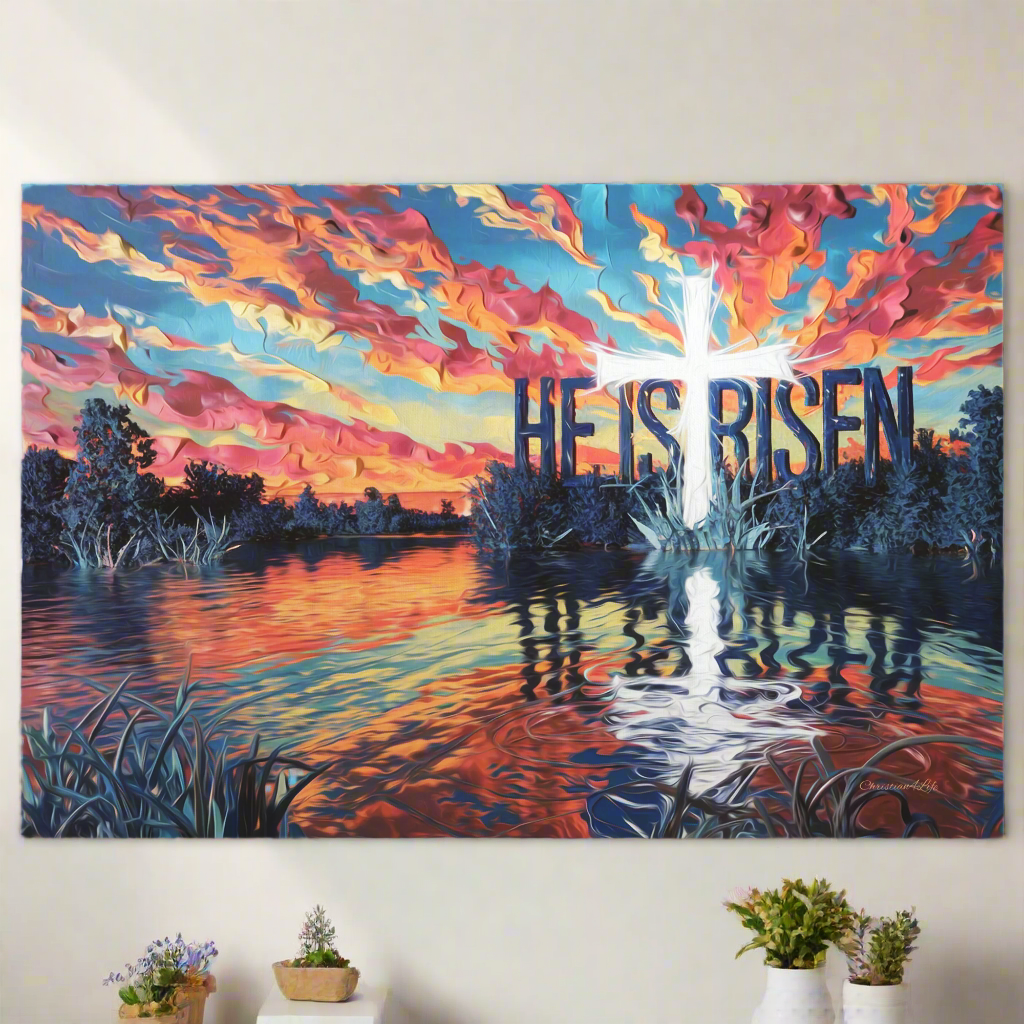 "He Is Risen" - Serene Lake Sunrise Scene with Cross Christian Gallery-Wrapped Canvas