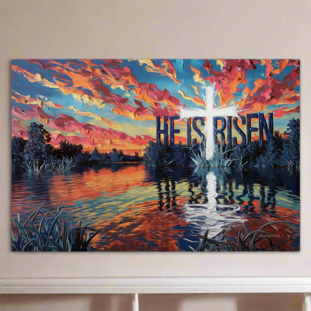 "He Is Risen" - Serene Lake Sunrise Scene with Cross Christian Gallery-Wrapped Canvas