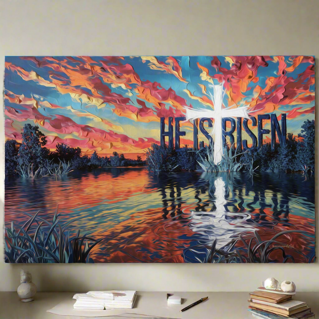"He Is Risen" - Serene Lake Sunrise Scene with Cross Christian Gallery-Wrapped Canvas