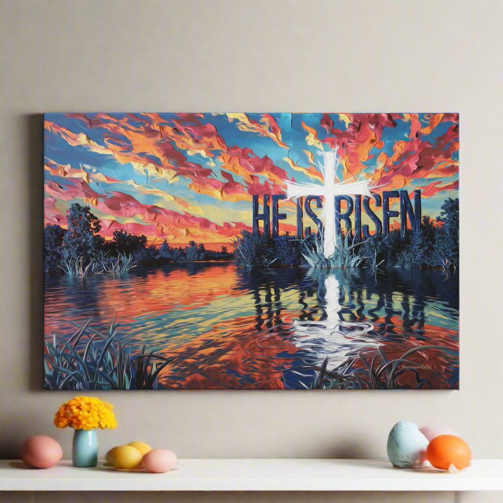 "He Is Risen" - Serene Lake Sunrise Scene with Cross Christian Gallery-Wrapped Canvas
