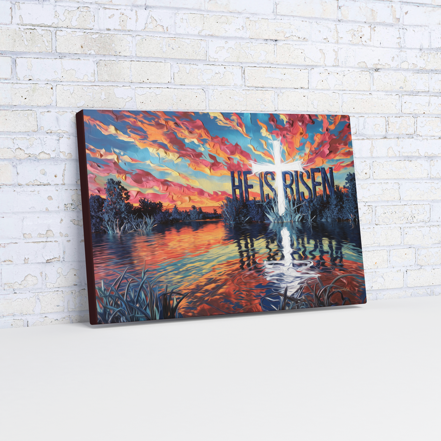 "He Is Risen" - Serene Lake Sunrise Scene with Cross Christian Gallery-Wrapped Canvas