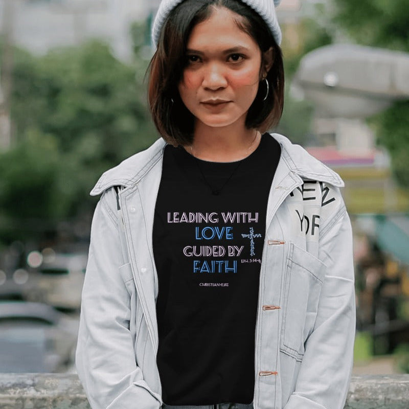 Women’s ’Leading with Love Guided by Faith’ inspirational Christian t-shirt - T-Shirt