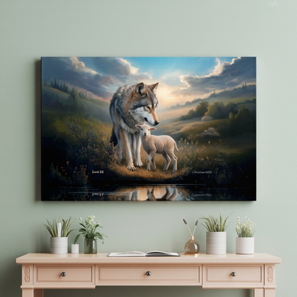 Wolf and Lamb Reflection, Christian Wall Art, Gallery Wrapped Canvas, Isaiah 11:6