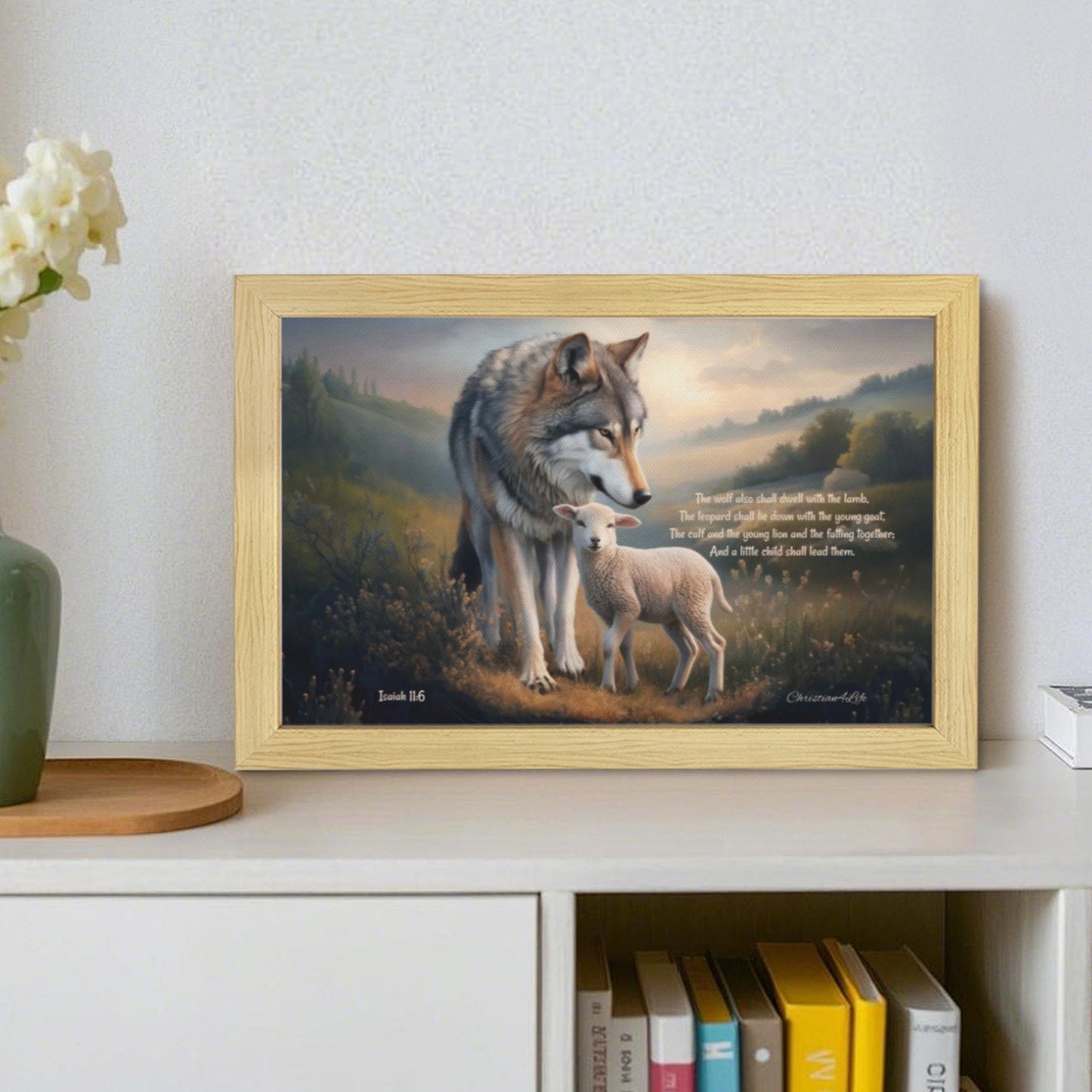 Wolf and Lamb with Isaiah 11:6 Quote, Christian Canvas, Wooden Frame