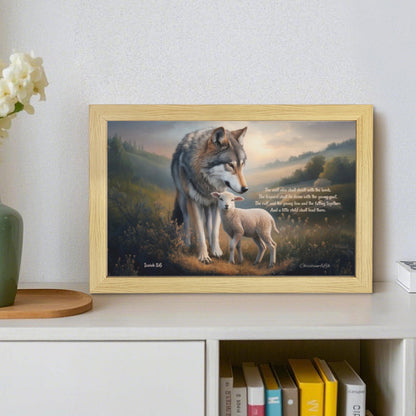 Wolf and Lamb with Isaiah 11:6 Quote, Christian Canvas, Wooden Frame