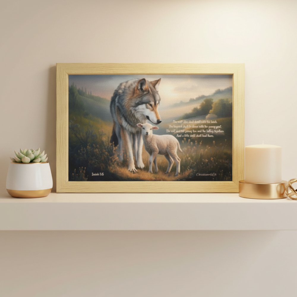 Wolf and Lamb with Isaiah 11:6 Quote, Christian Canvas, Wooden Frame