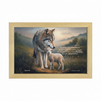 Wolf and Lamb with Isaiah 11:6 Quote, Christian Canvas, Wooden Frame