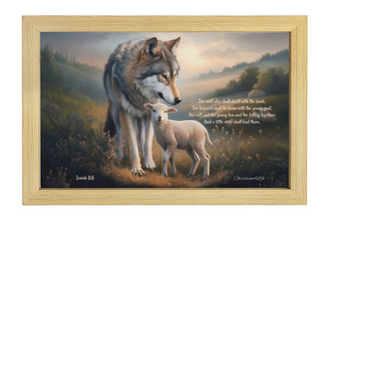 Wolf and Lamb with Isaiah 11:6 Quote, Christian Canvas, Wooden Frame