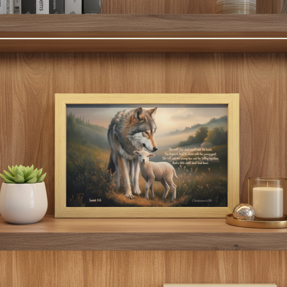 Wolf and Lamb with Isaiah 11:6 Quote, Christian Canvas, Wooden Frame