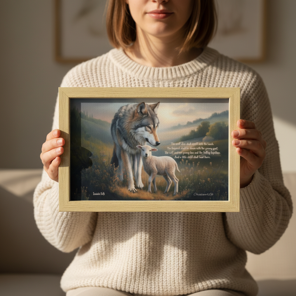 Wolf and Lamb with Isaiah 11:6 Quote, Christian Canvas, Wooden Frame
