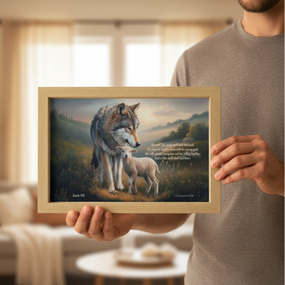 Wolf and Lamb with Isaiah 11:6 Quote, Christian Canvas, Wooden Frame
