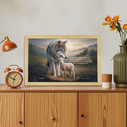 Wolf and Lamb with Isaiah 11:6 Quote, Christian Canvas, Wooden Frame