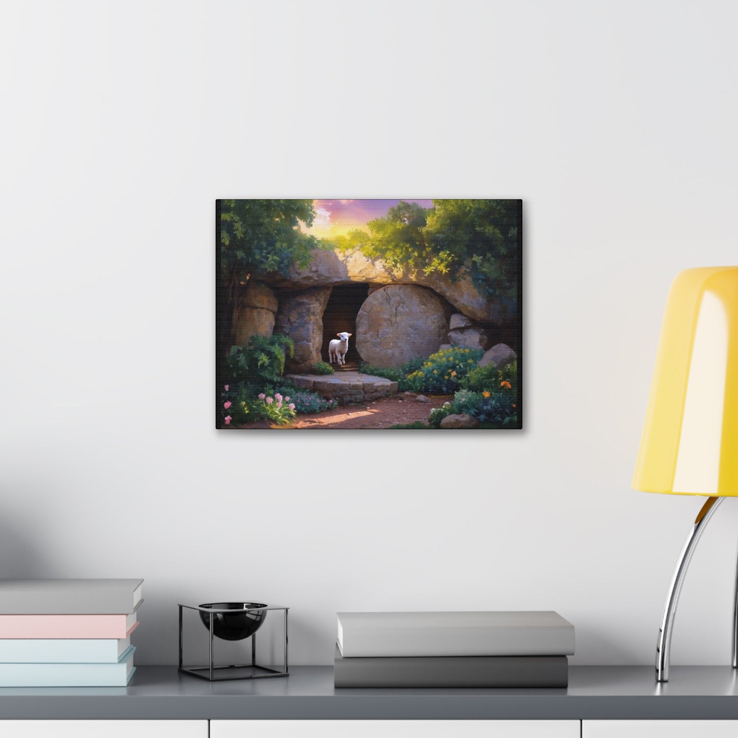 He is Risen, Tomb and Lamb Christian Wall Art Canvas, Easter (multiple sizes)