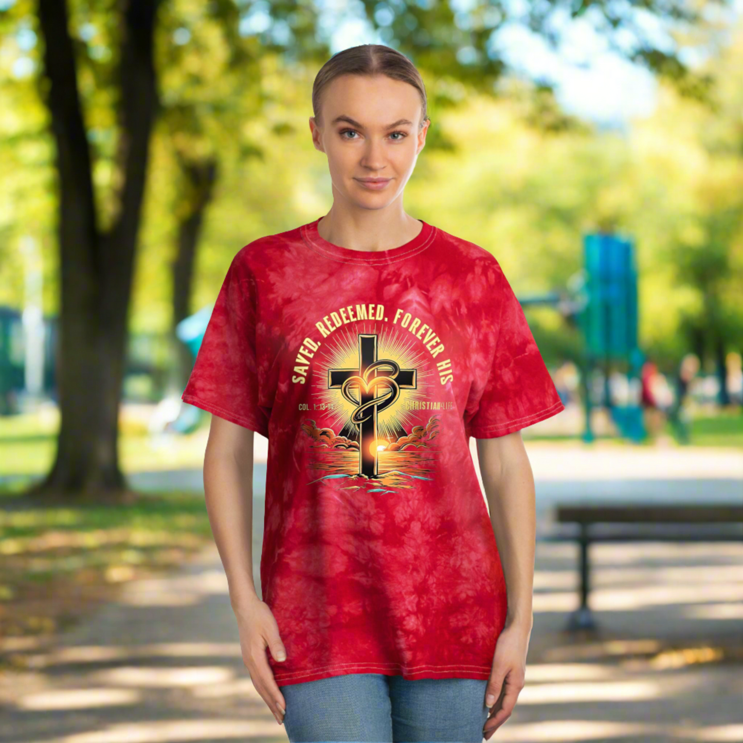 Unisex "Saved, Redeemed, Forever His" Christian Tie-Dye T-shirt