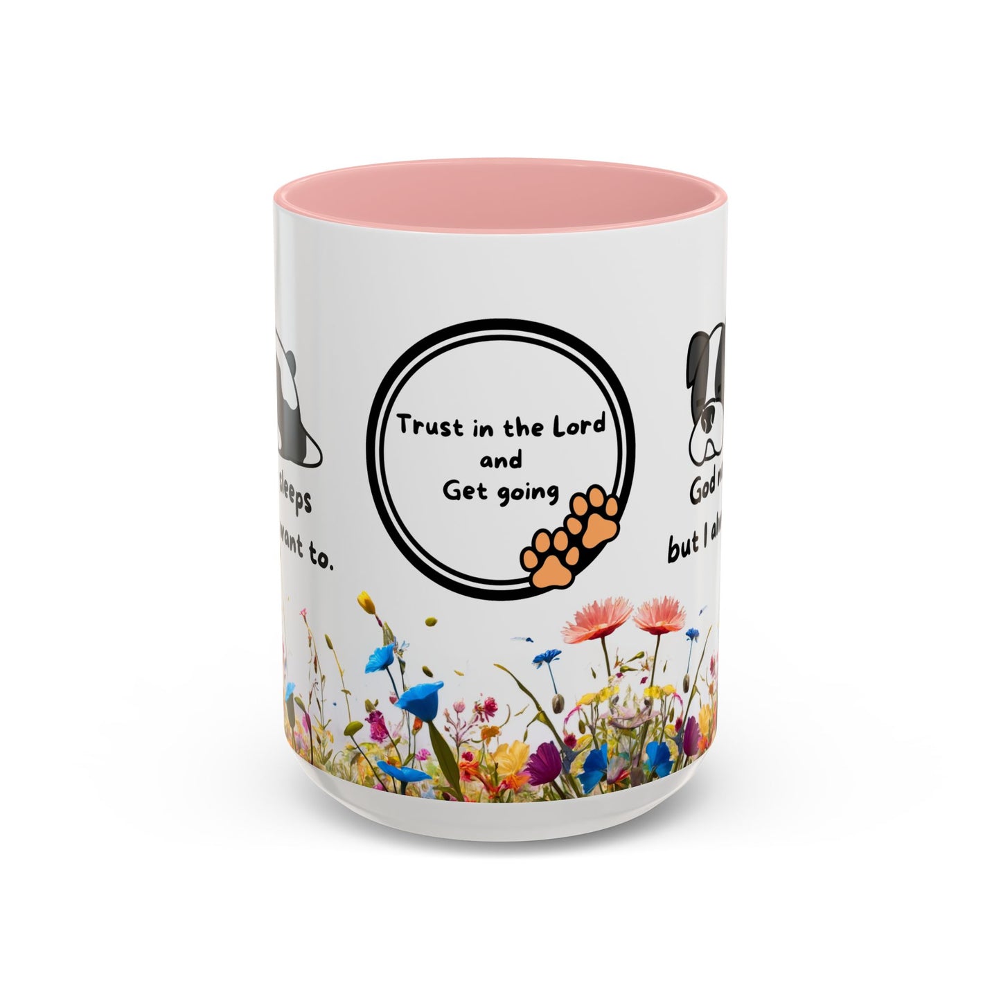 Christian  11oz and 15oz Accent Coffee Mug "God never sleeps" (with flowers)