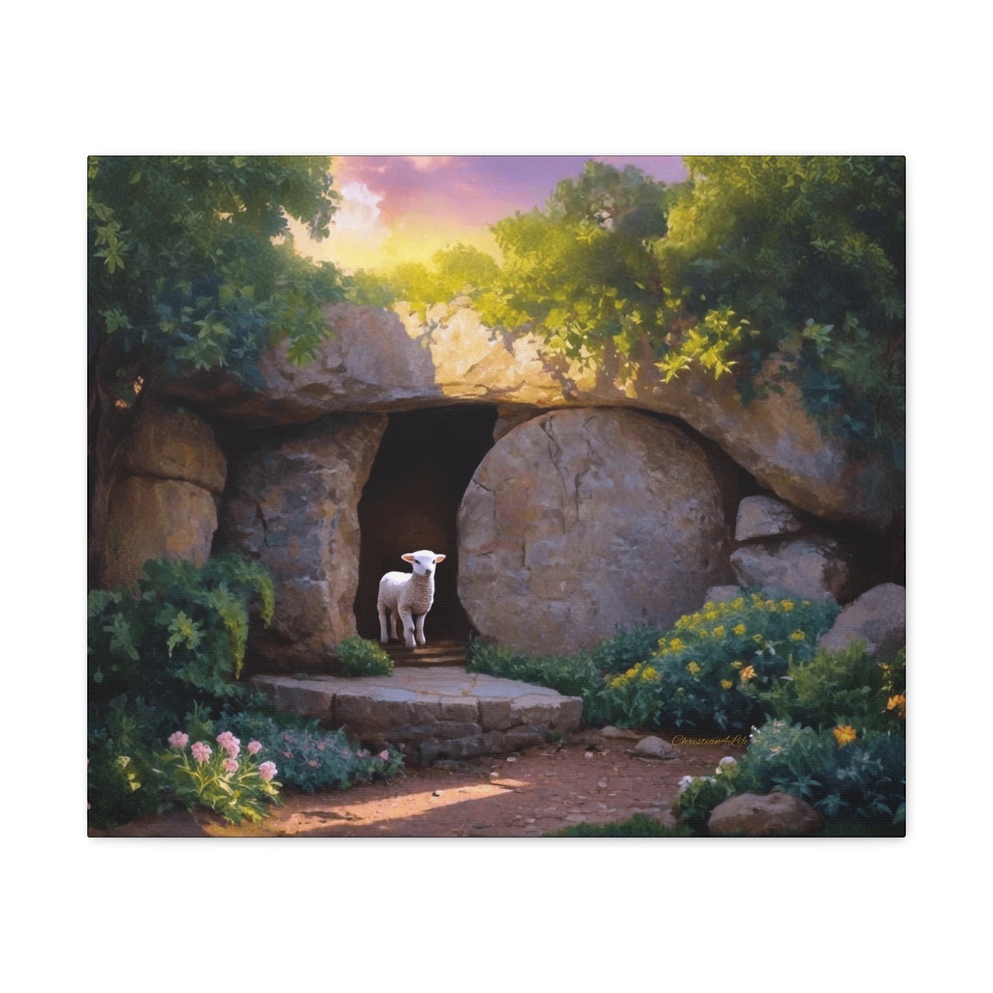 He is Risen, Tomb and Lamb Christian Wall Art Canvas, Easter (multiple sizes)