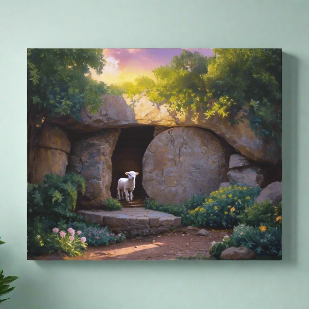 He is Risen, Tomb and Lamb Christian Wall Art Canvas, Easter (multiple sizes)