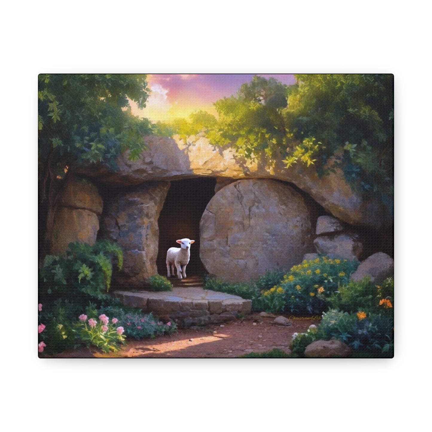 He is Risen, Tomb and Lamb Christian Wall Art Canvas, Easter (multiple sizes)