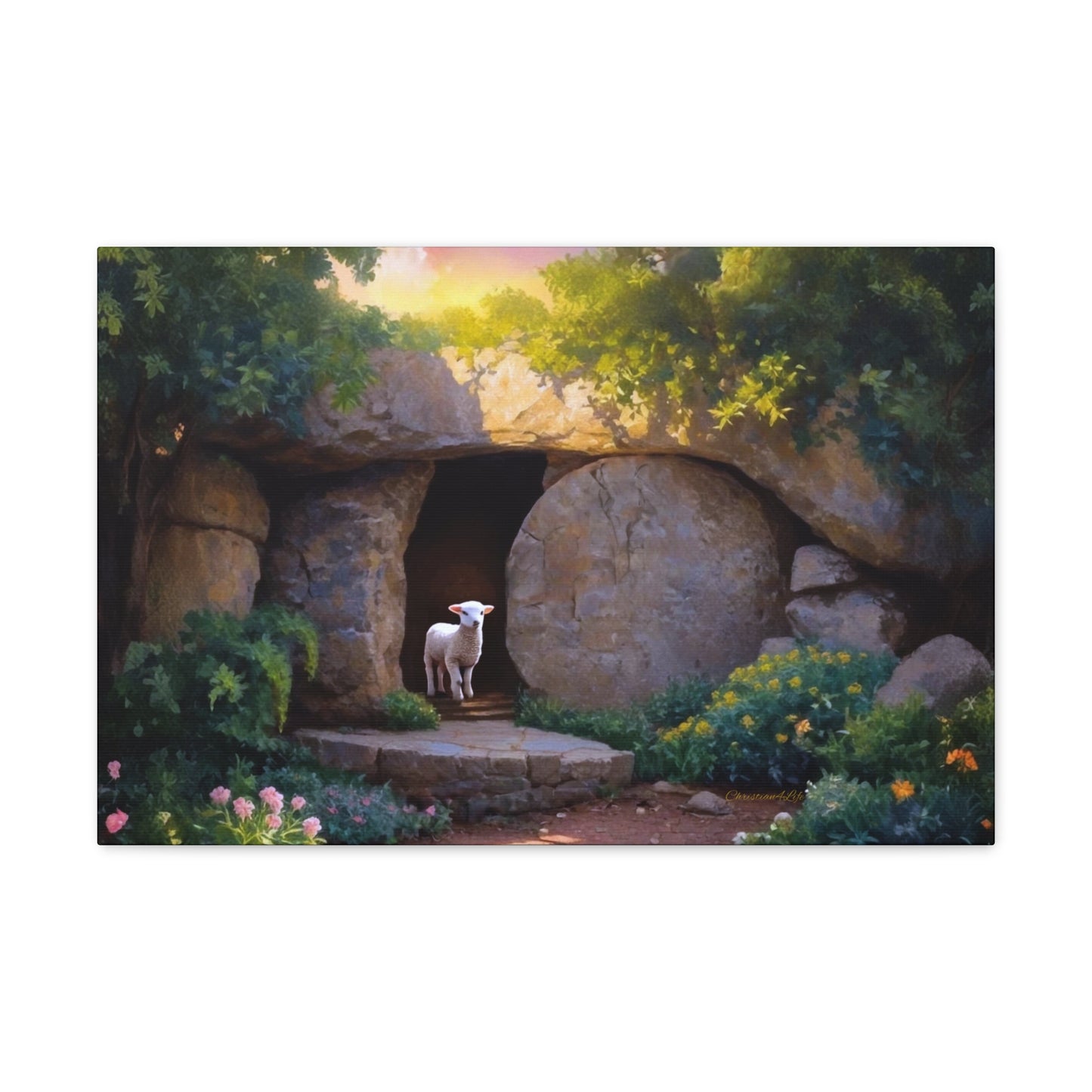 He is Risen, Tomb and Lamb Christian Wall Art Canvas, Easter (multiple sizes)