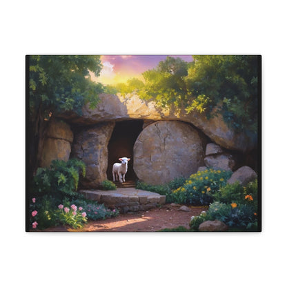 He is Risen, Tomb and Lamb Christian Wall Art Canvas, Easter (multiple sizes)