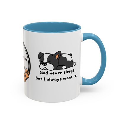 Christian "God never sleeps" 11 oz and 15oz Accent Mug, multiple colors, Christian Mug