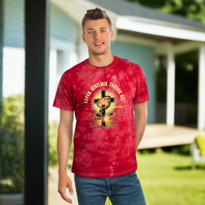 Unisex "Saved, Redeemed, Forever His" Christian Tie-Dye T-shirt