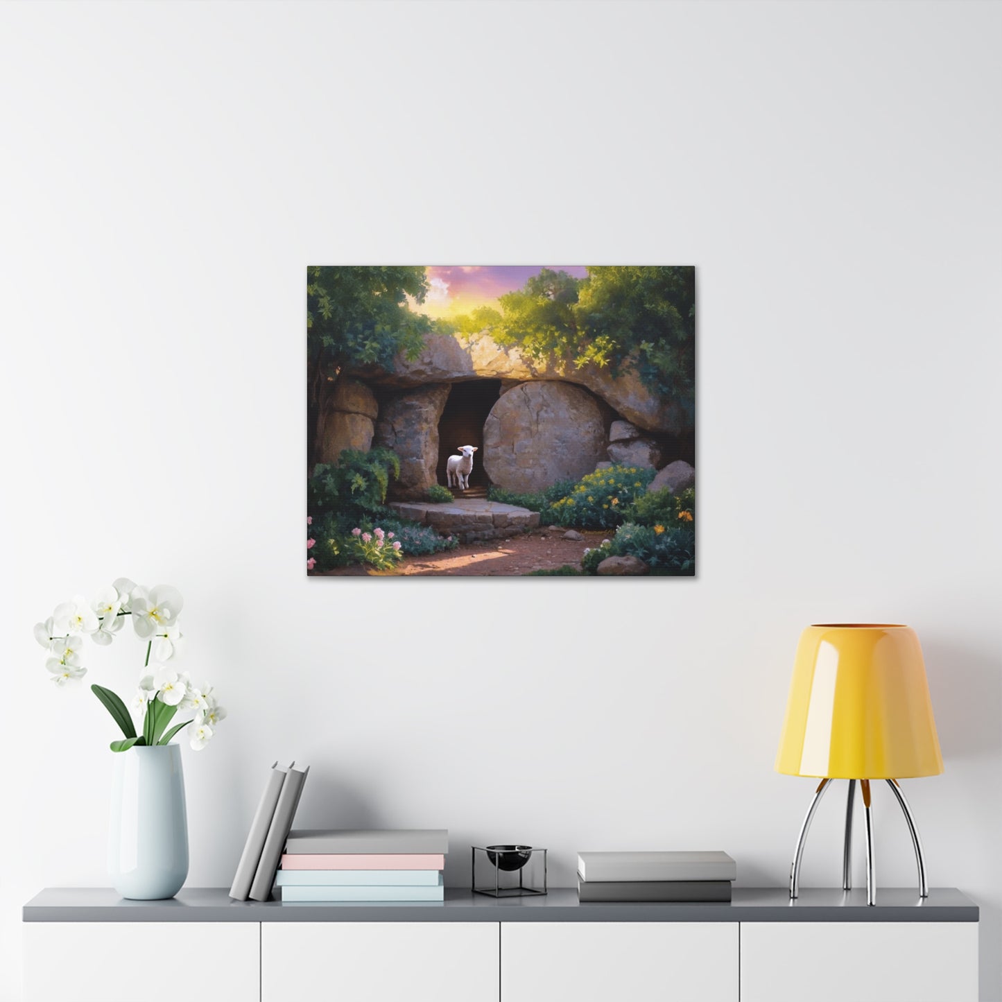 He is Risen, Tomb and Lamb Christian Wall Art Canvas, Easter (multiple sizes)