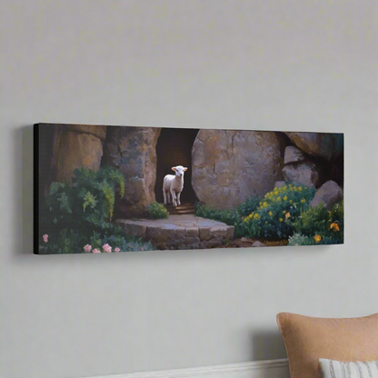 He is Risen, Tomb and Lamb Christian Wall Art Canvas, Easter (multiple sizes)