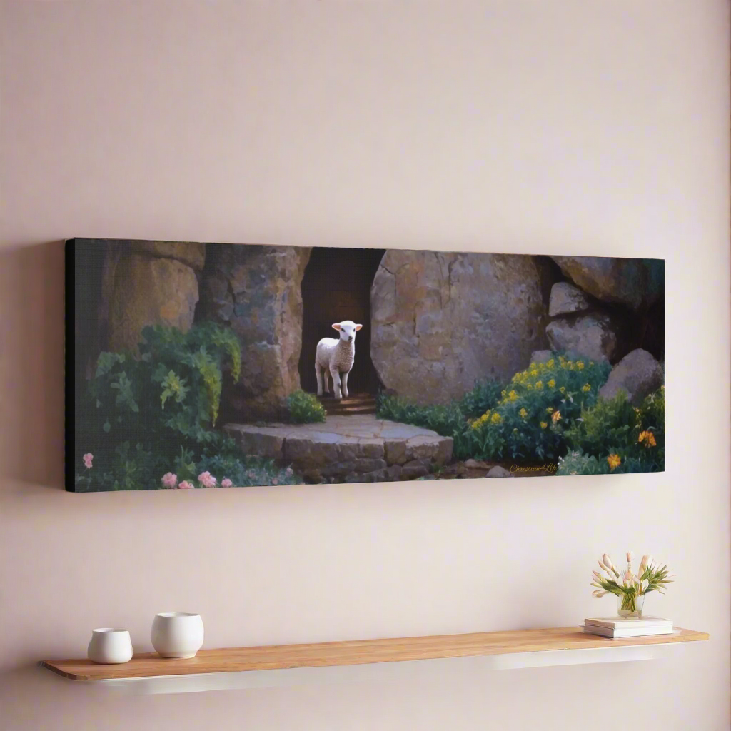 He is Risen, Tomb and Lamb Christian Wall Art Canvas, Easter (multiple sizes)