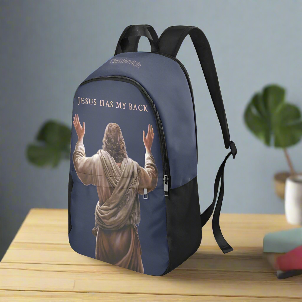 "Jesus Has My Back" Christian Backpack-Black Side Accent (Choose Green or Blue shades)