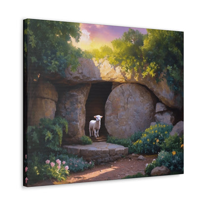 He is Risen, Tomb and Lamb Christian Wall Art Canvas, Easter (multiple sizes)