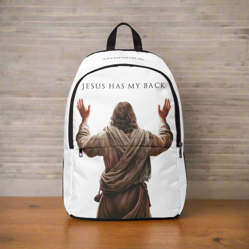 "Jesus Has My Back" Graphic design Christian Backpack (white) Bags Christian4Life