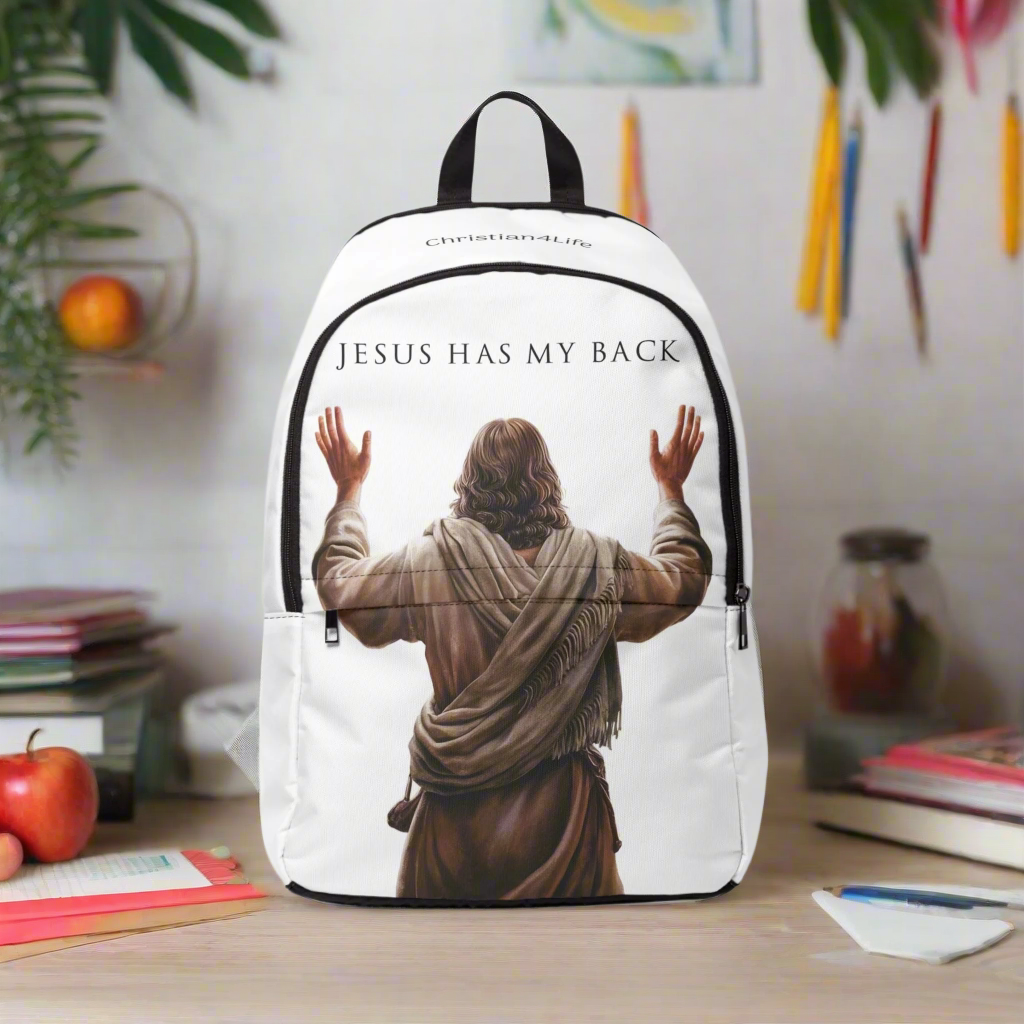 "Jesus Has My Back" Graphic design Christian Backpack (white) Bags Christian4Life