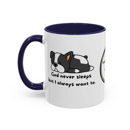 Christian "God never sleeps" 11 oz and 15oz Accent Mug, multiple colors, Christian Mug