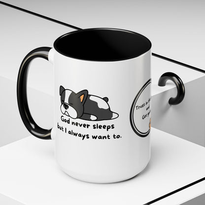 Christian "God never sleeps" 11 oz and 15oz Accent Mug, multiple colors, Christian Mug