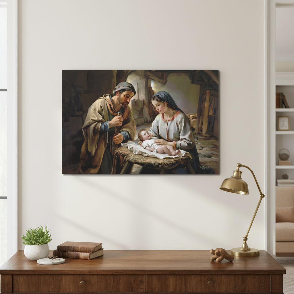 Framed artwork of a religious scene with the Holy family and baby Jesus on a white wall above a wooden desk.