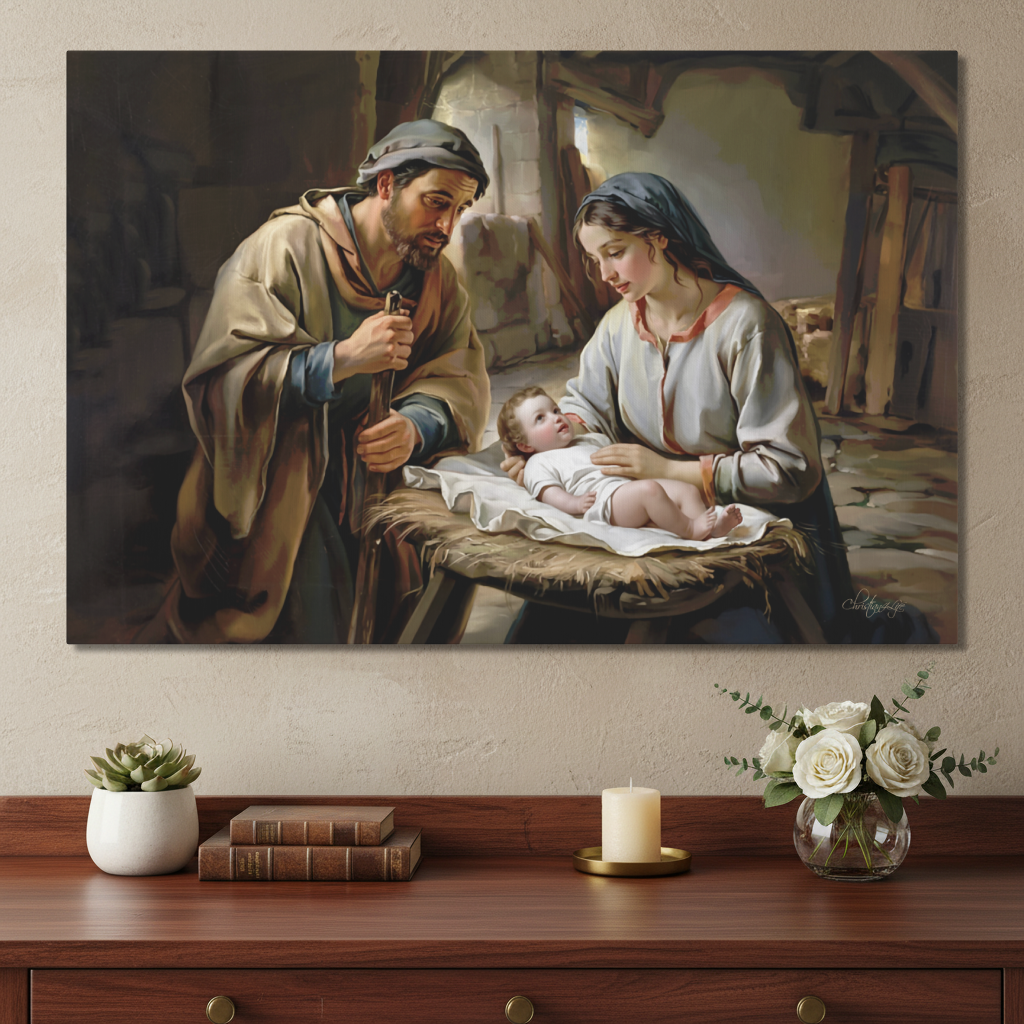 Painting of baby Jesus, Mary and Joseph on a wooden shelf with decorative items.