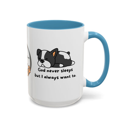 Christian "God never sleeps" 11 oz and 15oz Accent Mug, multiple colors, Christian Mug