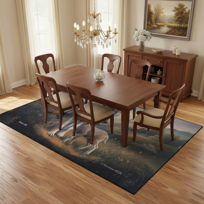 Wolf and Lamb Area Rug — Isaiah 11:6 Christian Rug with Black Binding 84" x 60"