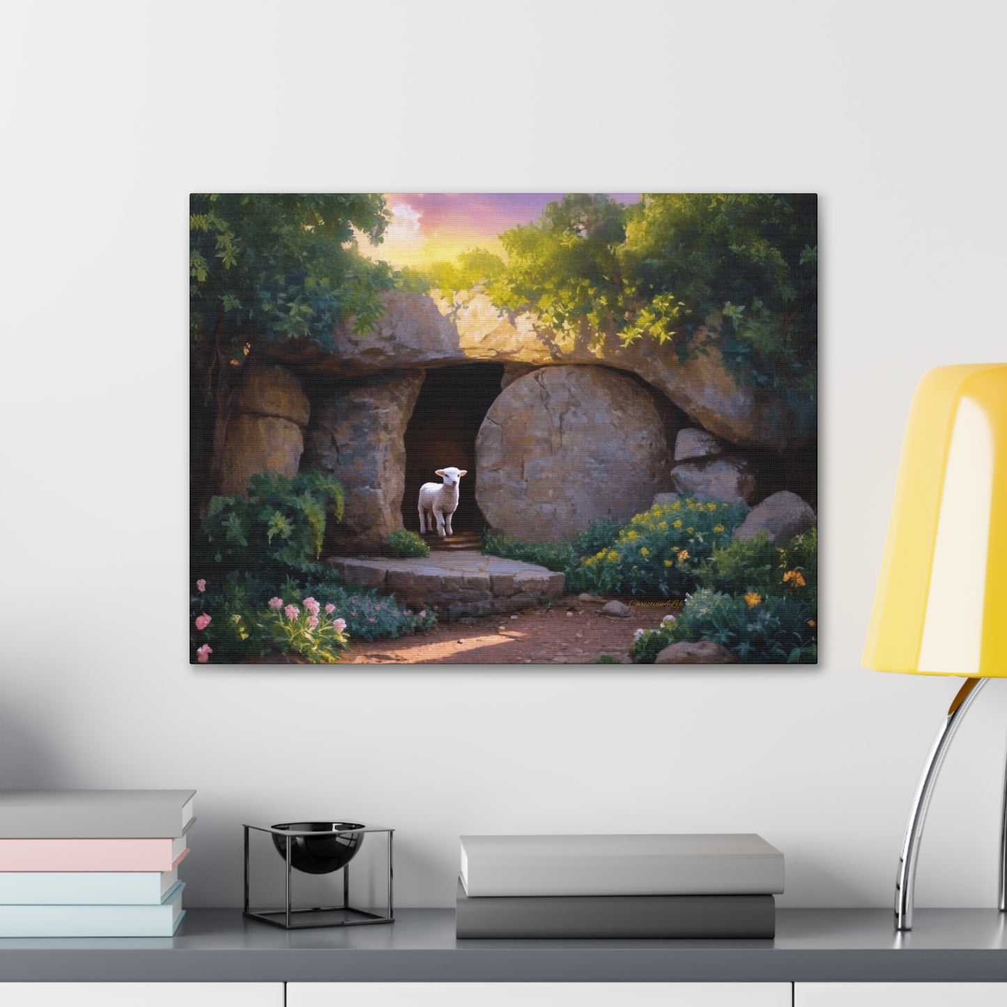 He is Risen, Tomb and Lamb Christian Wall Art Canvas, Easter (multiple sizes)