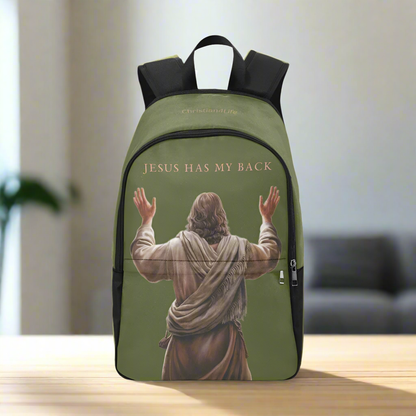 "Jesus Has My Back" Christian Backpack-Black Side Accent (Choose Green or Blue shades)