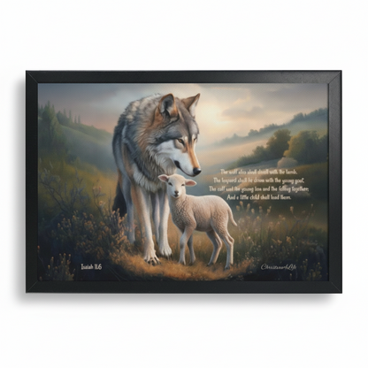 Framed - Wolf and Lamb with Isaiah 11:6 Quote, Christian Canvas, Black Frame