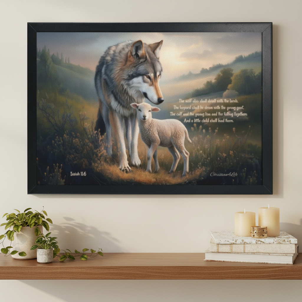 Framed - Wolf and Lamb with Isaiah 11:6 Quote, Christian Canvas, Black Frame