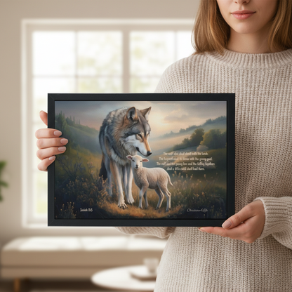 Framed - Wolf and Lamb with Isaiah 11:6 Quote, Christian Canvas, Black Frame