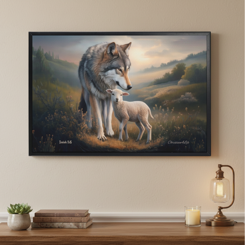 Framed- Wolf and Lamb, Christian Wall Art, Black Framed Canvas Print, Isaiah 11:6