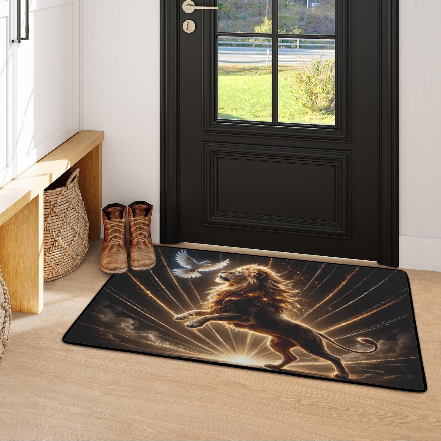 Lion of Judah and the Holy Spirit Area Rug with Golden Rays - Black Binding 31"x20"